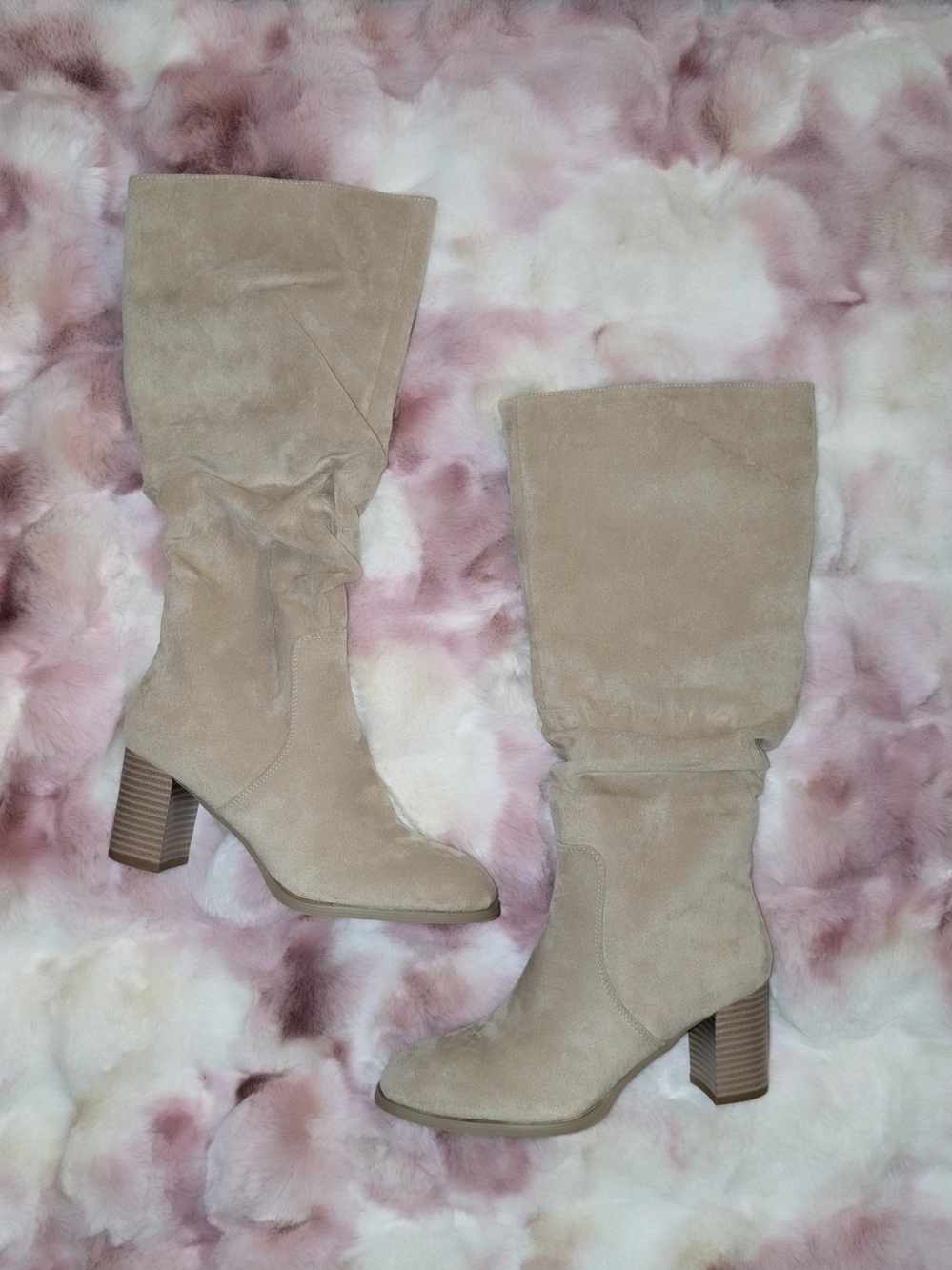 🍂 Boho Tan Beige Faux Suede Slouchy Knee High Boots Block Heel EUR 38 7.5 NWOT